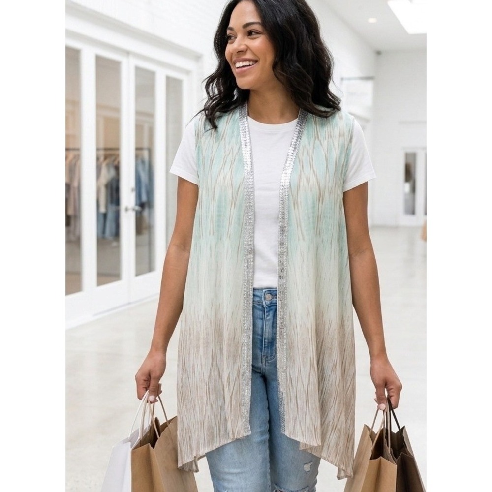 Chico's Sequin Ombre Ikat Vest Size 3 XL Teal Tan Metallic Open Front Boho Glam